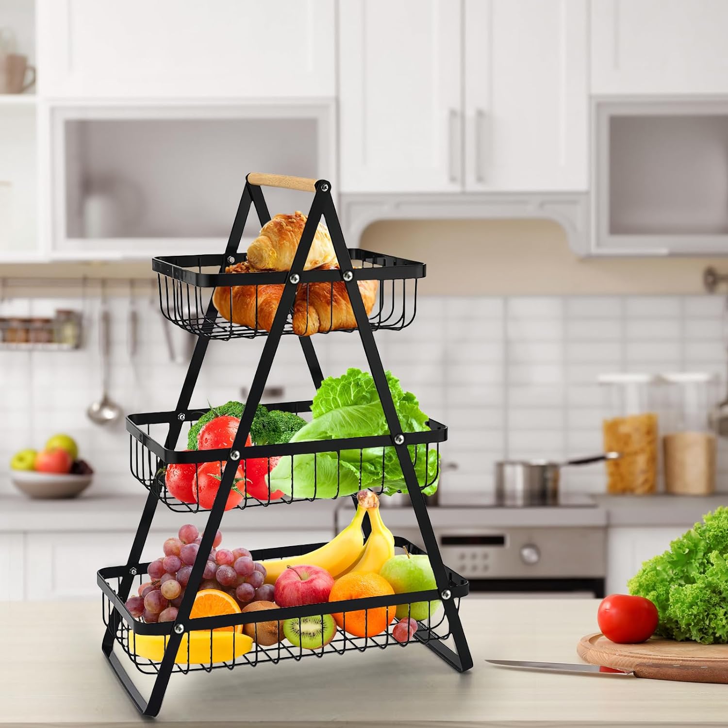wooden handle counter top 3-tier fruit and vegetable stand by Metallics Home