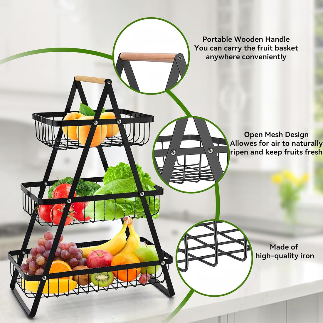 wooden handle counter top 3-tier fruit and vegetable stand by Metallics Home